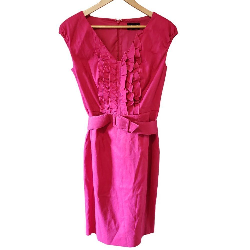Adrianna Papell Dress Pink Linen Cap Sleeve Belt Barbiecore Office Ruffles Sz 6